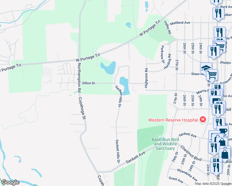 map of restaurants, bars, coffee shops, grocery stores, and more near 1844 Sackett Hills Drive in Akron