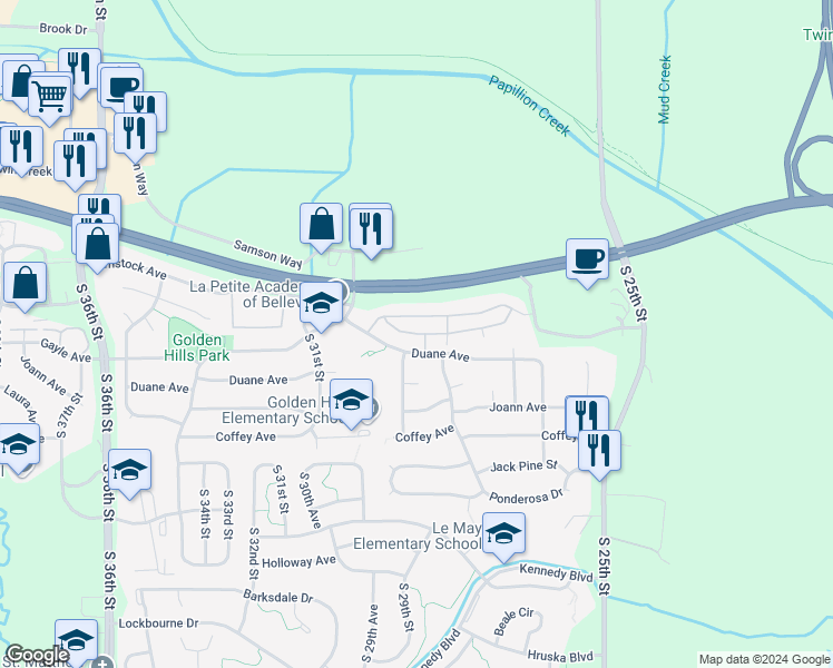 map of restaurants, bars, coffee shops, grocery stores, and more near 2870 Duane Plaza in Bellevue