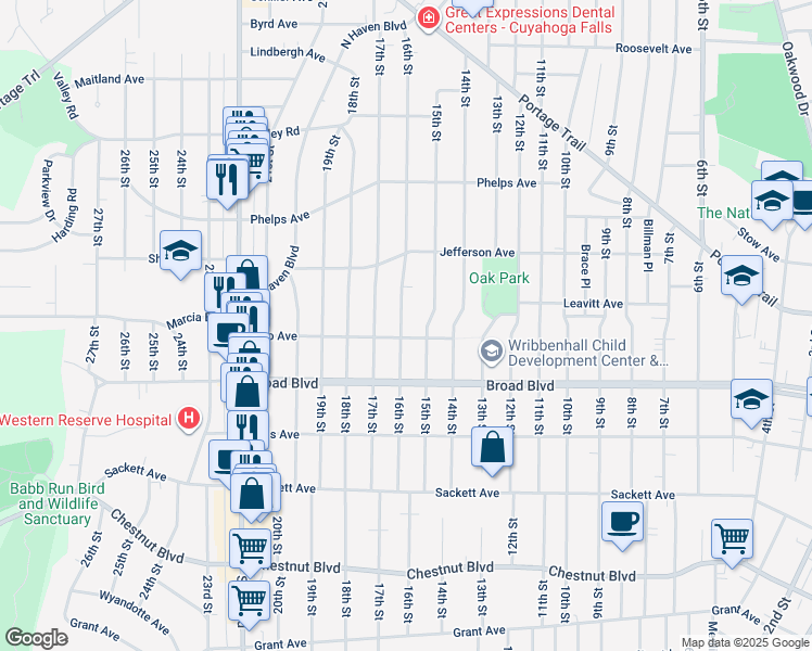 map of restaurants, bars, coffee shops, grocery stores, and more near 2111 16th Street in Cuyahoga Falls
