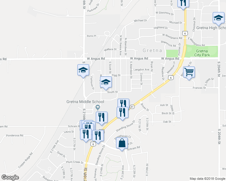 map of restaurants, bars, coffee shops, grocery stores, and more near 248 South Scott Street in Gretna