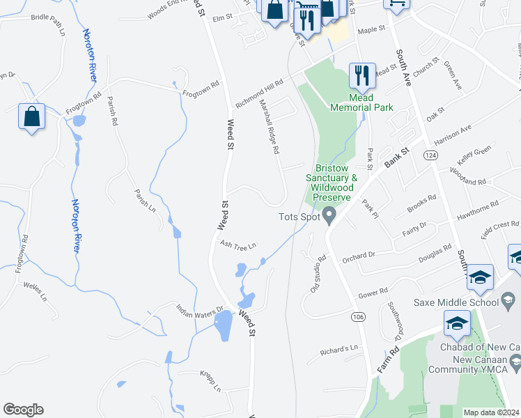 map of restaurants, bars, coffee shops, grocery stores, and more near 222 Marshall Ridge Road in New Canaan