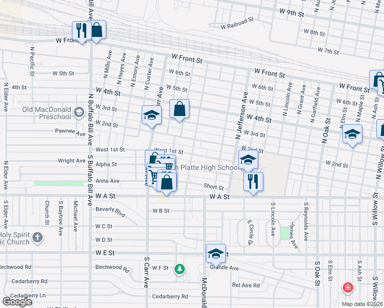 map of restaurants, bars, coffee shops, grocery stores, and more near 1700 West 1st Street in North Platte