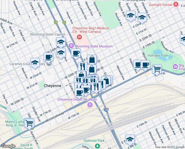 map of restaurants, bars, coffee shops, grocery stores, and more near 211 East 19th Street in Cheyenne