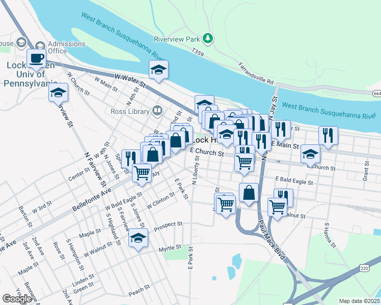 map of restaurants, bars, coffee shops, grocery stores, and more near 12 East Church Street in Lock Haven