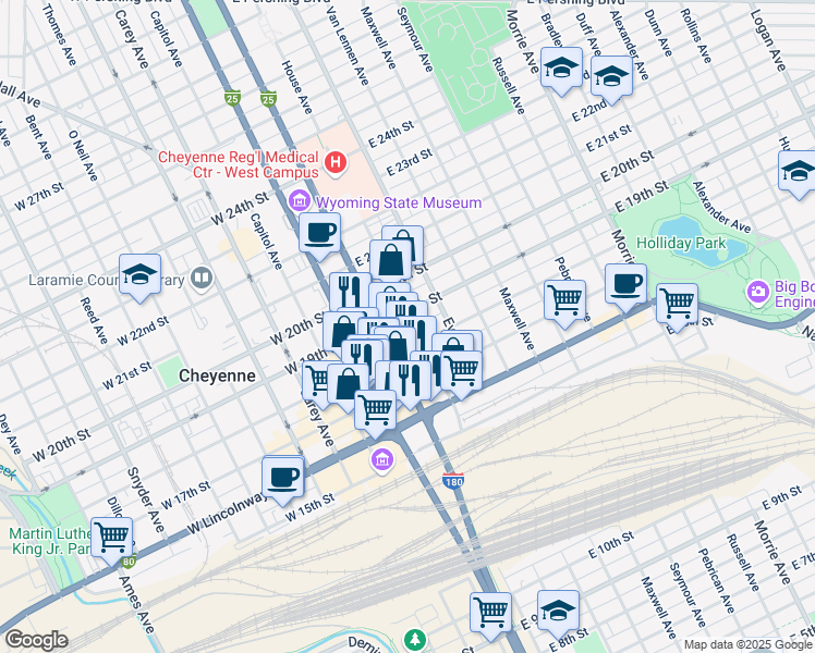 map of restaurants, bars, coffee shops, grocery stores, and more near 211 East 19th Street in Cheyenne