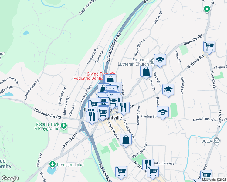map of restaurants, bars, coffee shops, grocery stores, and more near 8 Grove Street in Pleasantville