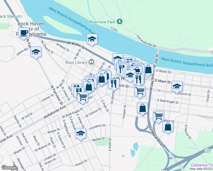 map of restaurants, bars, coffee shops, grocery stores, and more near 15 Corning Street in Lock Haven