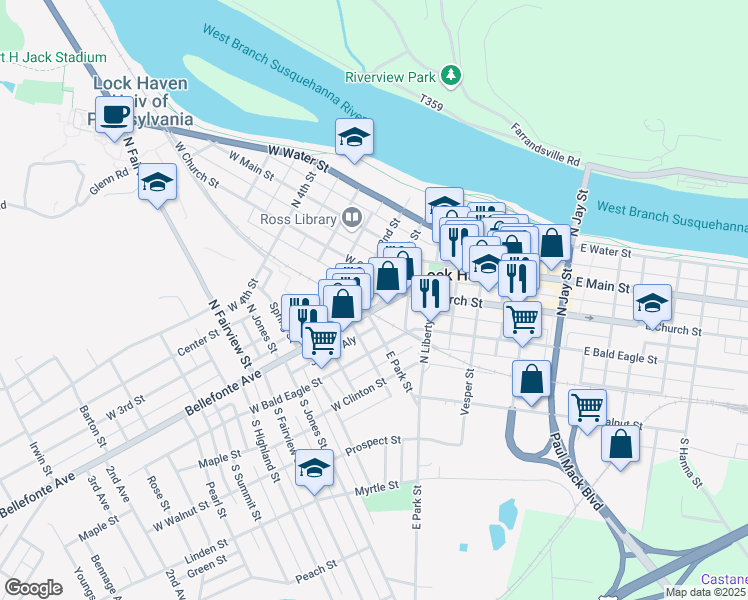 map of restaurants, bars, coffee shops, grocery stores, and more near 7 1st Street in Lock Haven