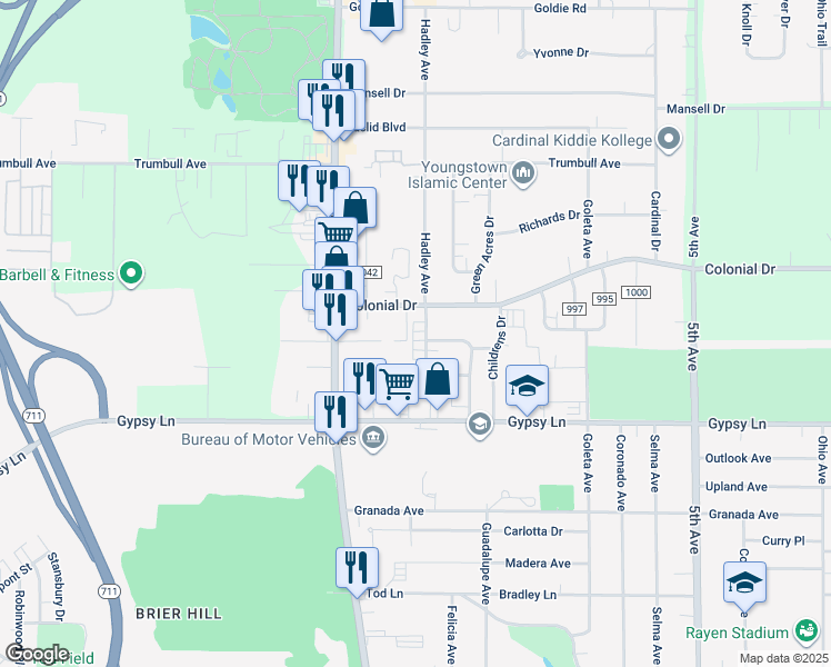 map of restaurants, bars, coffee shops, grocery stores, and more near 2978 Roosevelt Drive in Youngstown