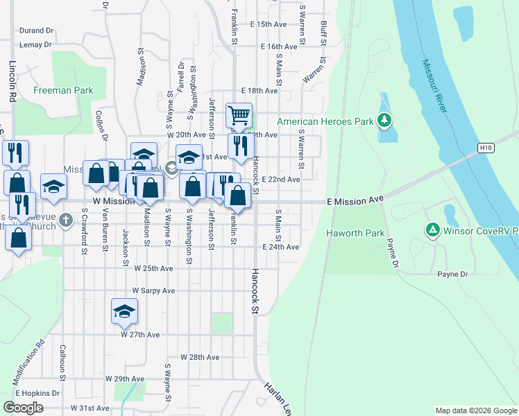 map of restaurants, bars, coffee shops, grocery stores, and more near 201 East Mission Avenue in Bellevue