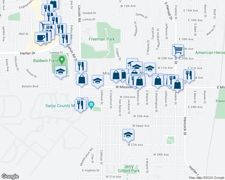 map of restaurants, bars, coffee shops, grocery stores, and more near 711 West Mission Avenue in Bellevue