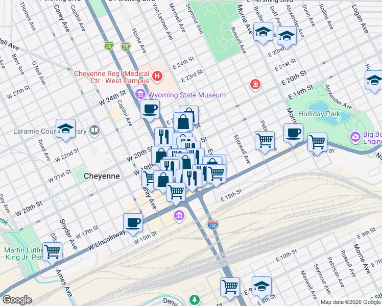 map of restaurants, bars, coffee shops, grocery stores, and more near 1814 House Avenue in Cheyenne