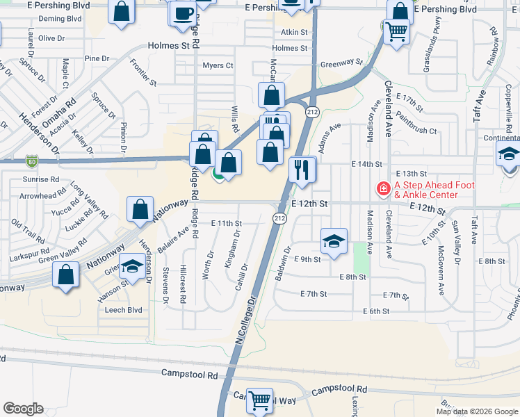 map of restaurants, bars, coffee shops, grocery stores, and more near 1108 Cahill Drive in Cheyenne