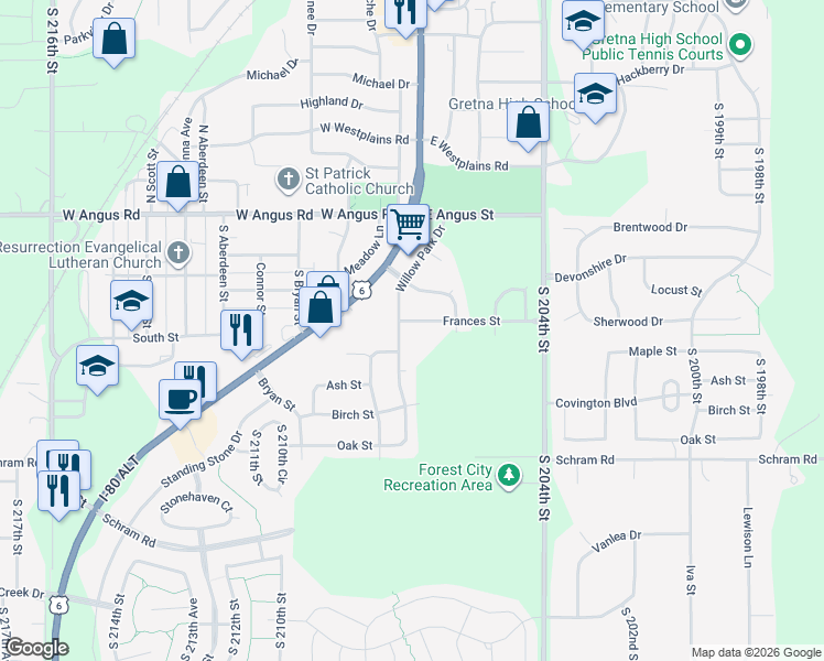 map of restaurants, bars, coffee shops, grocery stores, and more near 20820 Maple Street in Gretna