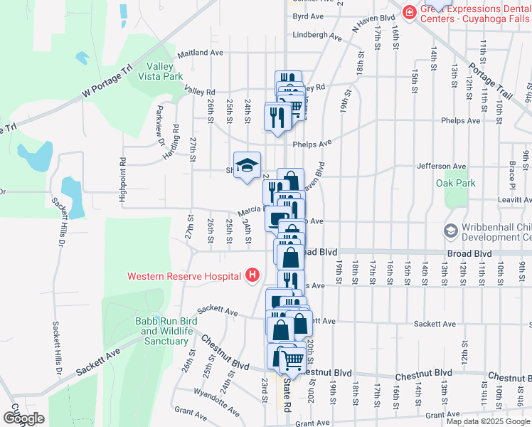 map of restaurants, bars, coffee shops, grocery stores, and more near 2118 23rd Street in Cuyahoga Falls