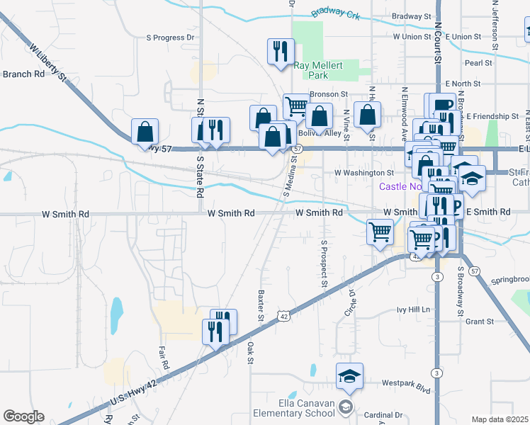map of restaurants, bars, coffee shops, grocery stores, and more near 607 West Smith Road in Medina