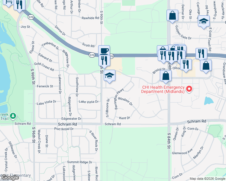 map of restaurants, bars, coffee shops, grocery stores, and more near 703 Fenwick Street in Papillion