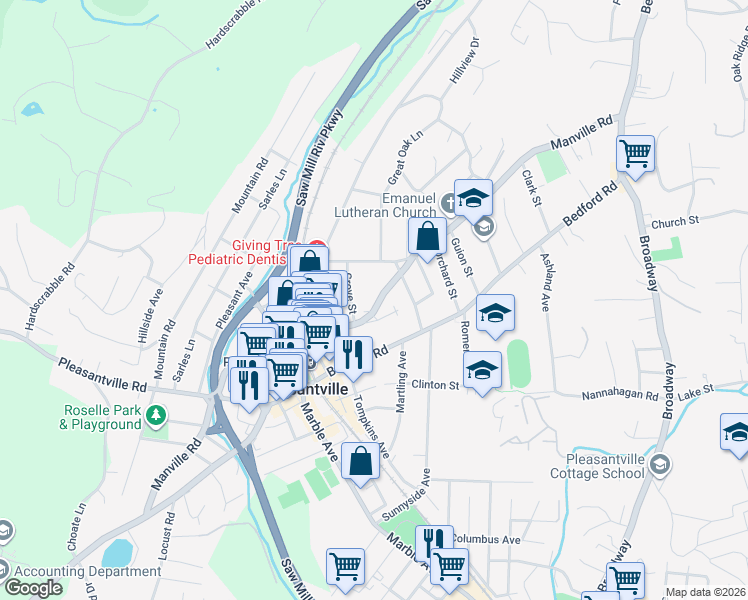 map of restaurants, bars, coffee shops, grocery stores, and more near in Pleasantville