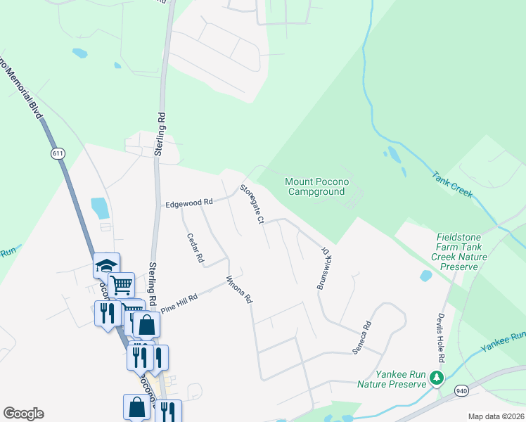 map of restaurants, bars, coffee shops, grocery stores, and more near 12 Stonegate Court in Mount Pocono