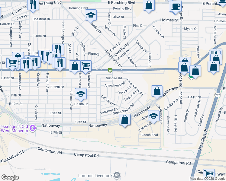 map of restaurants, bars, coffee shops, grocery stores, and more near 1114 Rosebud Rd in Cheyenne