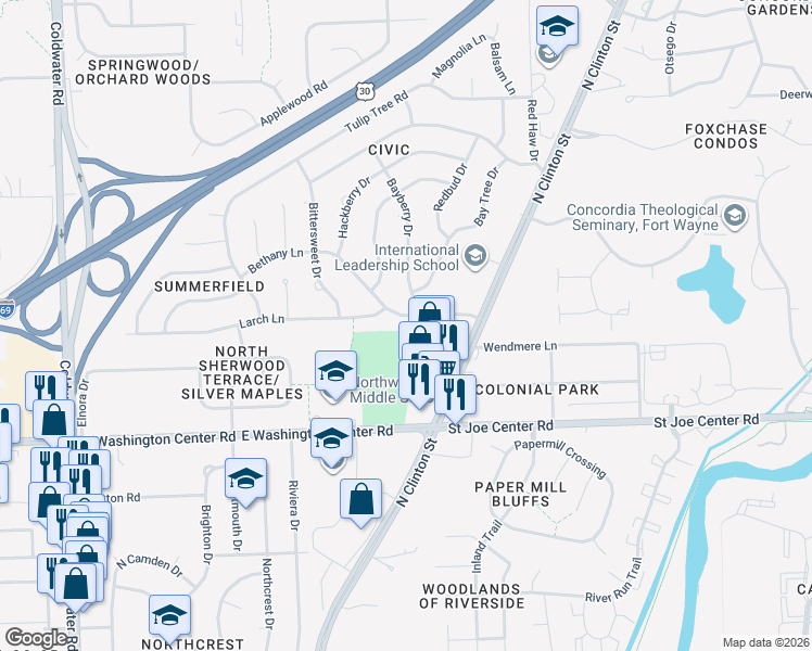 map of restaurants, bars, coffee shops, grocery stores, and more near 1350 Bethany Lane in Fort Wayne
