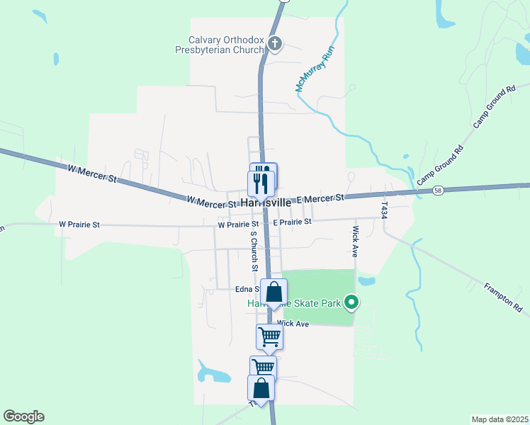 map of restaurants, bars, coffee shops, grocery stores, and more near 124 South Main Street in Harrisville