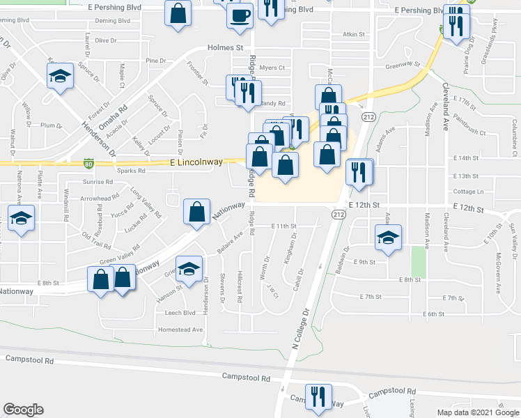 map of restaurants, bars, coffee shops, grocery stores, and more near 3405 East 12th Street in Cheyenne