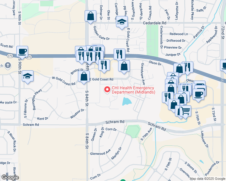 map of restaurants, bars, coffee shops, grocery stores, and more near 401 East Gold Coast Road in Papillion