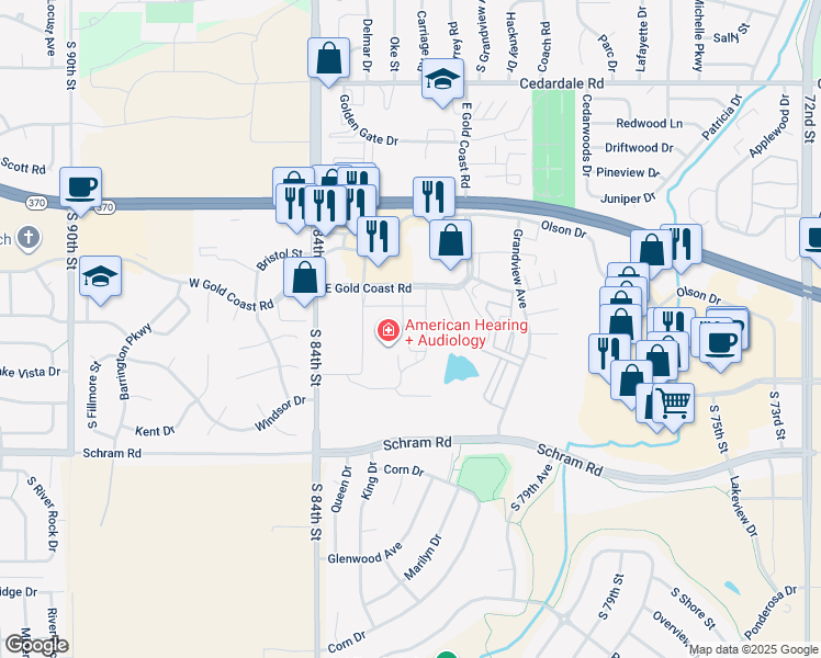 map of restaurants, bars, coffee shops, grocery stores, and more near 401 East Gold Coast Road in Papillion