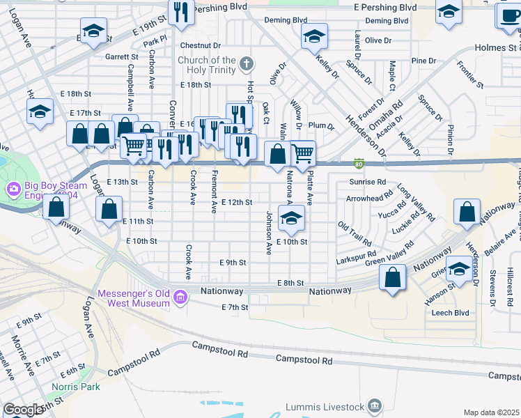 map of restaurants, bars, coffee shops, grocery stores, and more near 2700 East 11th Street in Cheyenne