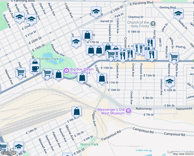 map of restaurants, bars, coffee shops, grocery stores, and more near 1609 East 12th Street in Cheyenne