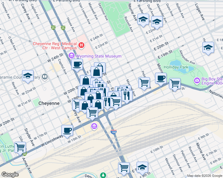 map of restaurants, bars, coffee shops, grocery stores, and more near 306 East 18th Street in Cheyenne