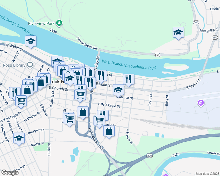 map of restaurants, bars, coffee shops, grocery stores, and more near 343 East Church Street in Lock Haven