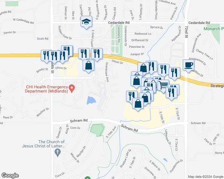 map of restaurants, bars, coffee shops, grocery stores, and more near 1523 Grandview Avenue in Papillion