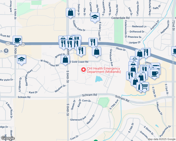 map of restaurants, bars, coffee shops, grocery stores, and more near 401 East Gold Coast Road in Papillion