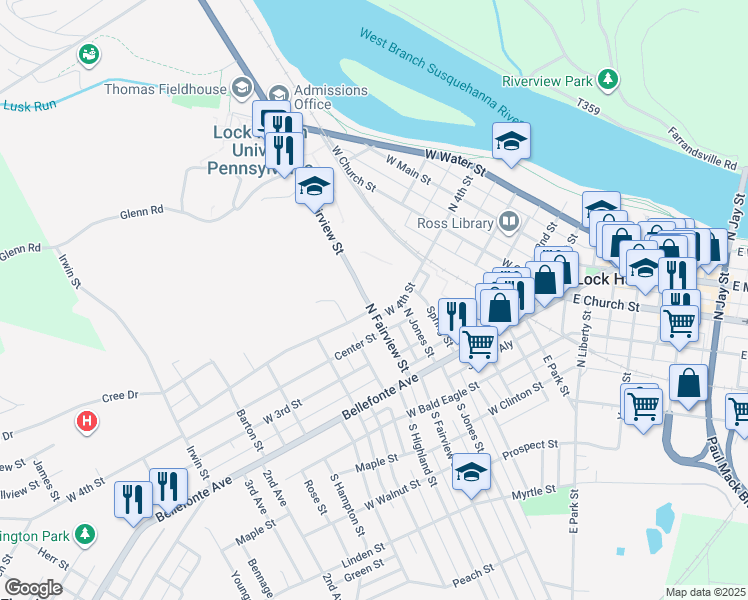 map of restaurants, bars, coffee shops, grocery stores, and more near 124 North Fairview Street in Lock Haven