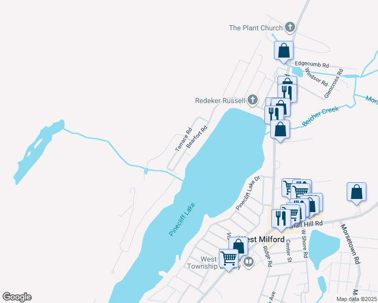 map of restaurants, bars, coffee shops, grocery stores, and more near 113 Bearfort Road in West Milford