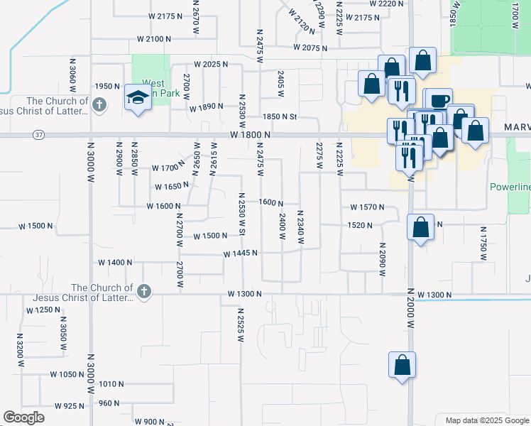 map of restaurants, bars, coffee shops, grocery stores, and more near 1558 North 2475 West in Clinton