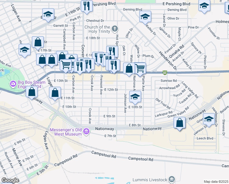 map of restaurants, bars, coffee shops, grocery stores, and more near 1110 Hot Springs Avenue in Cheyenne