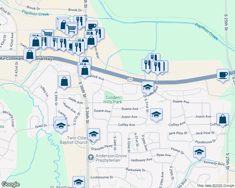 map of restaurants, bars, coffee shops, grocery stores, and more near 3305 East Dutchman Circle in Bellevue