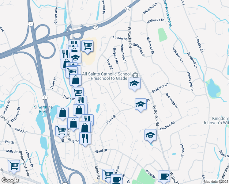 map of restaurants, bars, coffee shops, grocery stores, and more near 71 Aiken Street in Norwalk