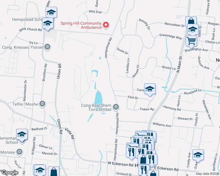 map of restaurants, bars, coffee shops, grocery stores, and more near 81 Hempstead Road in Spring Valley