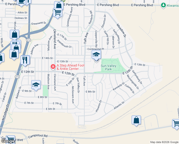 map of restaurants, bars, coffee shops, grocery stores, and more near 4905 East 12th Street in Cheyenne