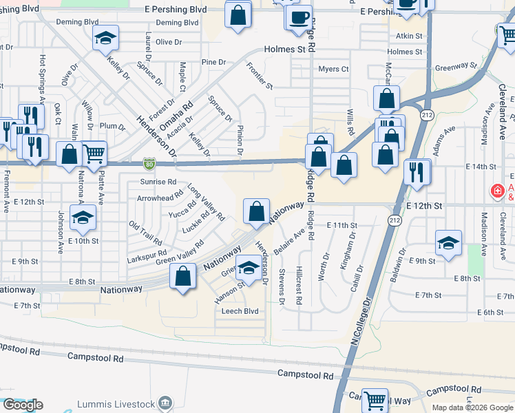 map of restaurants, bars, coffee shops, grocery stores, and more near 3192 Nationway in Cheyenne