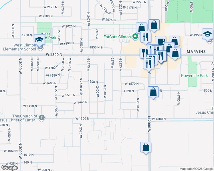 map of restaurants, bars, coffee shops, grocery stores, and more near 1508 North 2340 West in Clinton