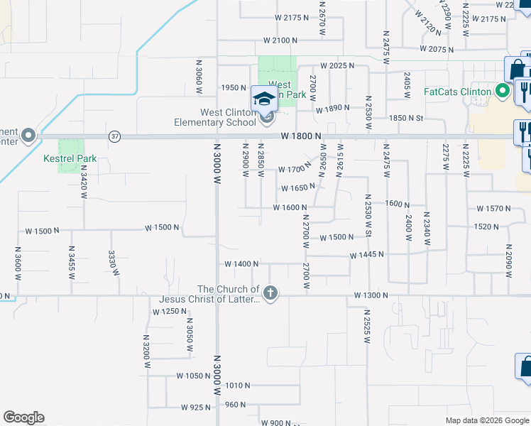 map of restaurants, bars, coffee shops, grocery stores, and more near 2863 West 1600 North in Clinton