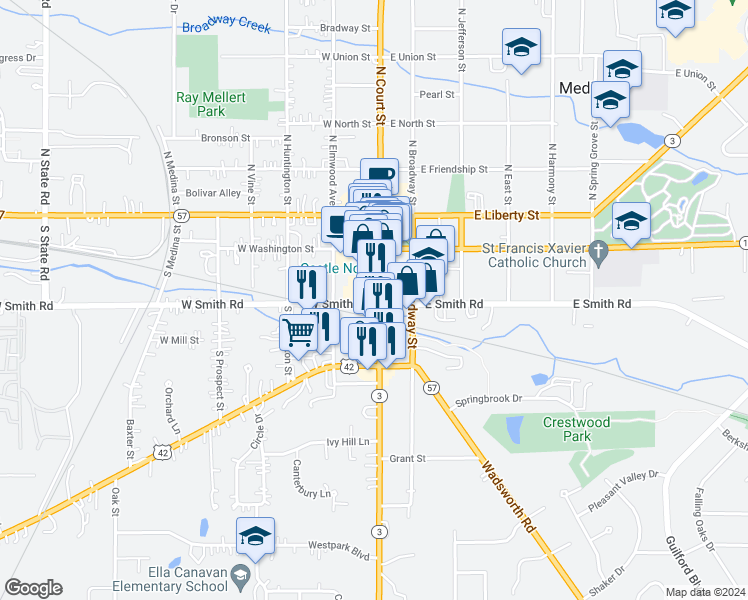map of restaurants, bars, coffee shops, grocery stores, and more near 301 South Court Street in Medina