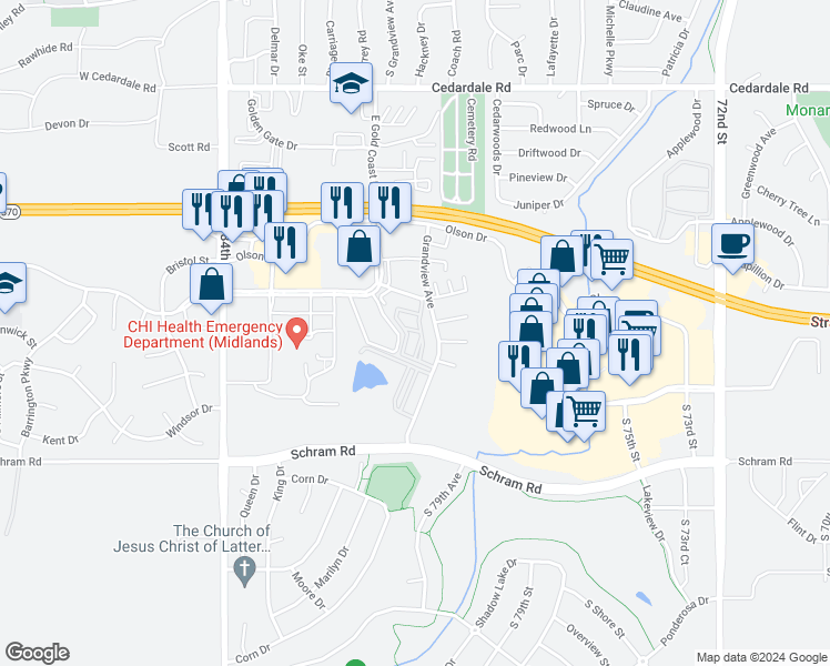 map of restaurants, bars, coffee shops, grocery stores, and more near 1600 Grandview Avenue in Papillion