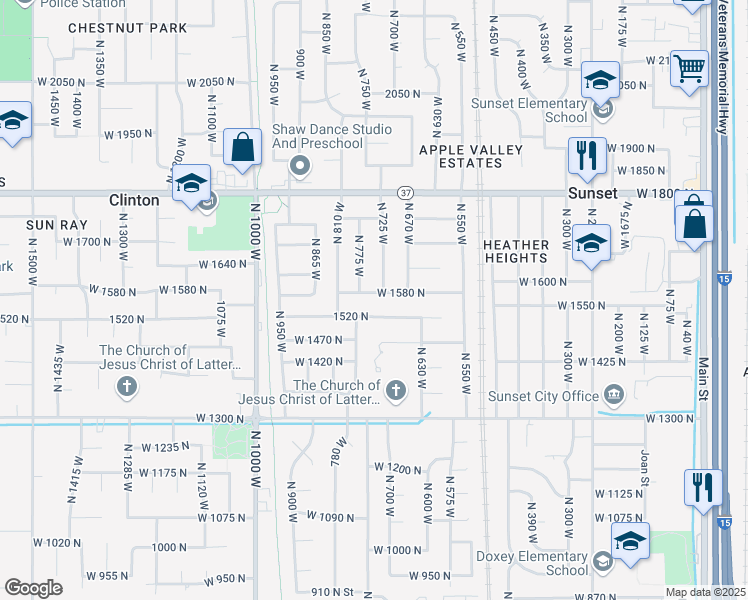 map of restaurants, bars, coffee shops, grocery stores, and more near 747 West 1580 North in Clinton