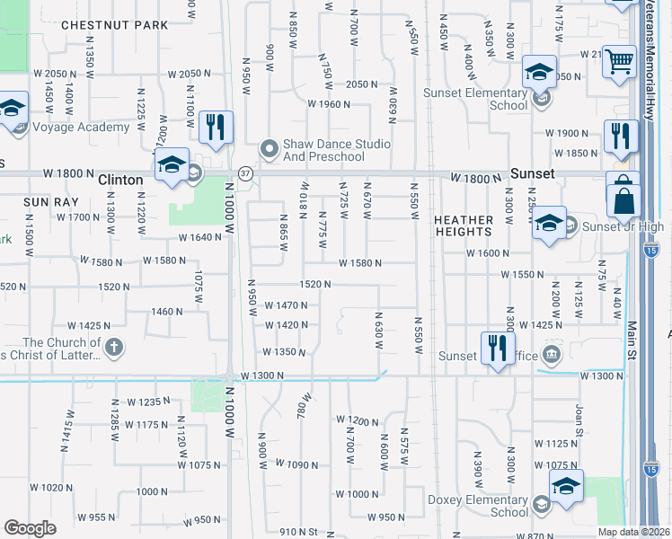 map of restaurants, bars, coffee shops, grocery stores, and more near 747 West 1580 North in Clinton